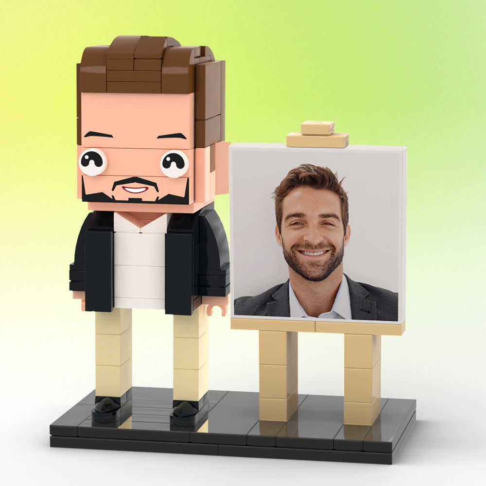 Personalised full-body brick figure in display frame — customisable single-person small particle block toy made from your photo, perfect birthday gift for him