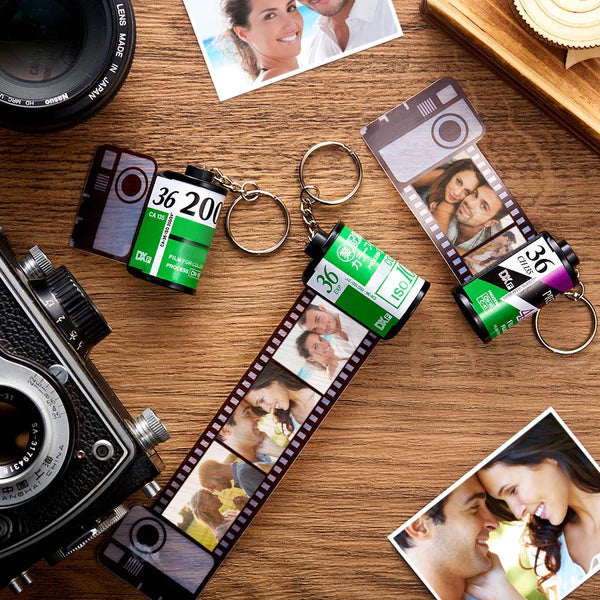 Close-up of the custom film strip inside a recycled camera roll keyring, printed with high-resolution favourite photos - personalised photo gift