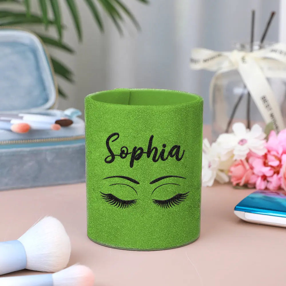 Personalised glitter brush pot styled as a thoughtful gift on a dressing table — perfect for Mother's Day, birthdays, graduations or anniversaries