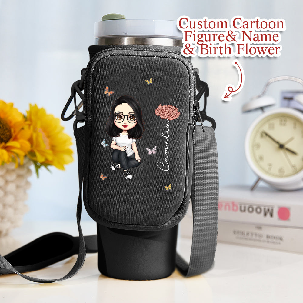 Adjustable shoulder strap 75–150cm on personalised birth flower tumbler bag for 40oz Stanley Cup – comfy crossbody waterproof carrier