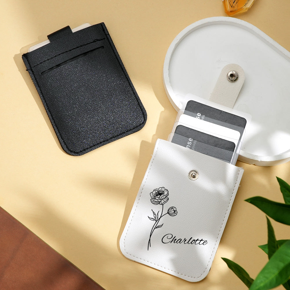 Interior view of personalised birth flower mini card wallet showing five card slots and main pocket for notes and coins