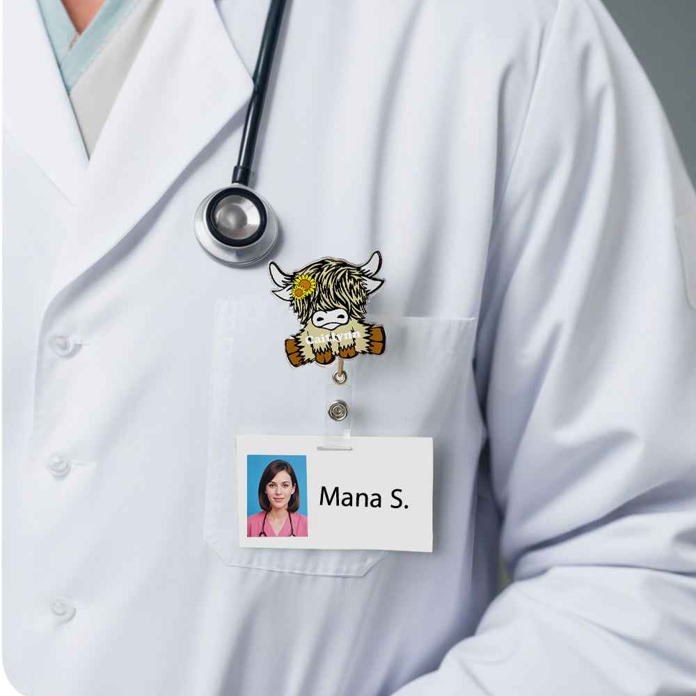 Personalized Highland Cow Badge Retractable Acrylic Badge Reel ID Clip Gift for Highland Cow Lovers