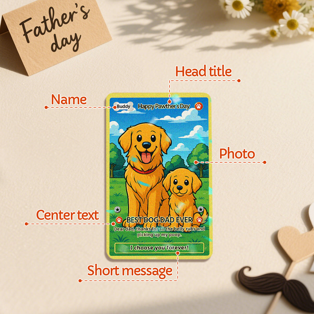 Personalised Poke-style game card layout with pet photo, custom text and playful collectible design — stainless steel pet card (W11×H7.3)