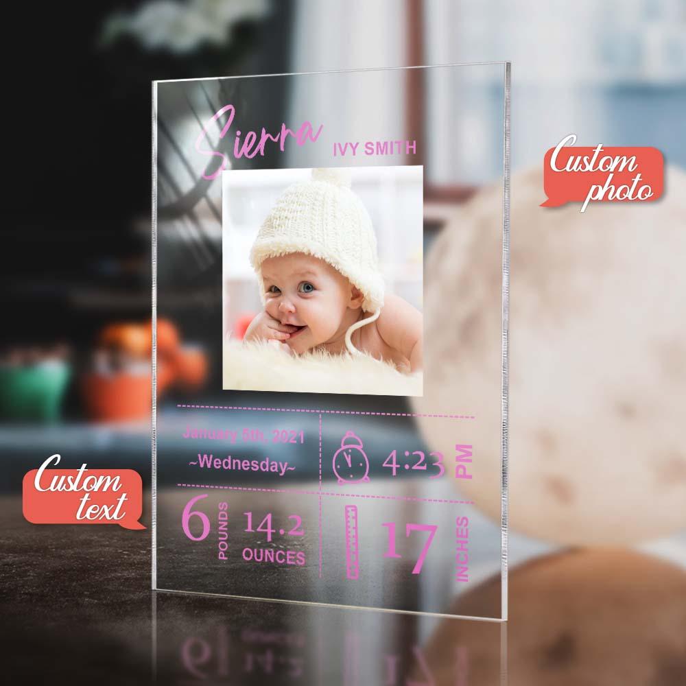 Personalised baby plaque with custom photo and engraved birth details - reverse-printed crystal keepsake for nursery