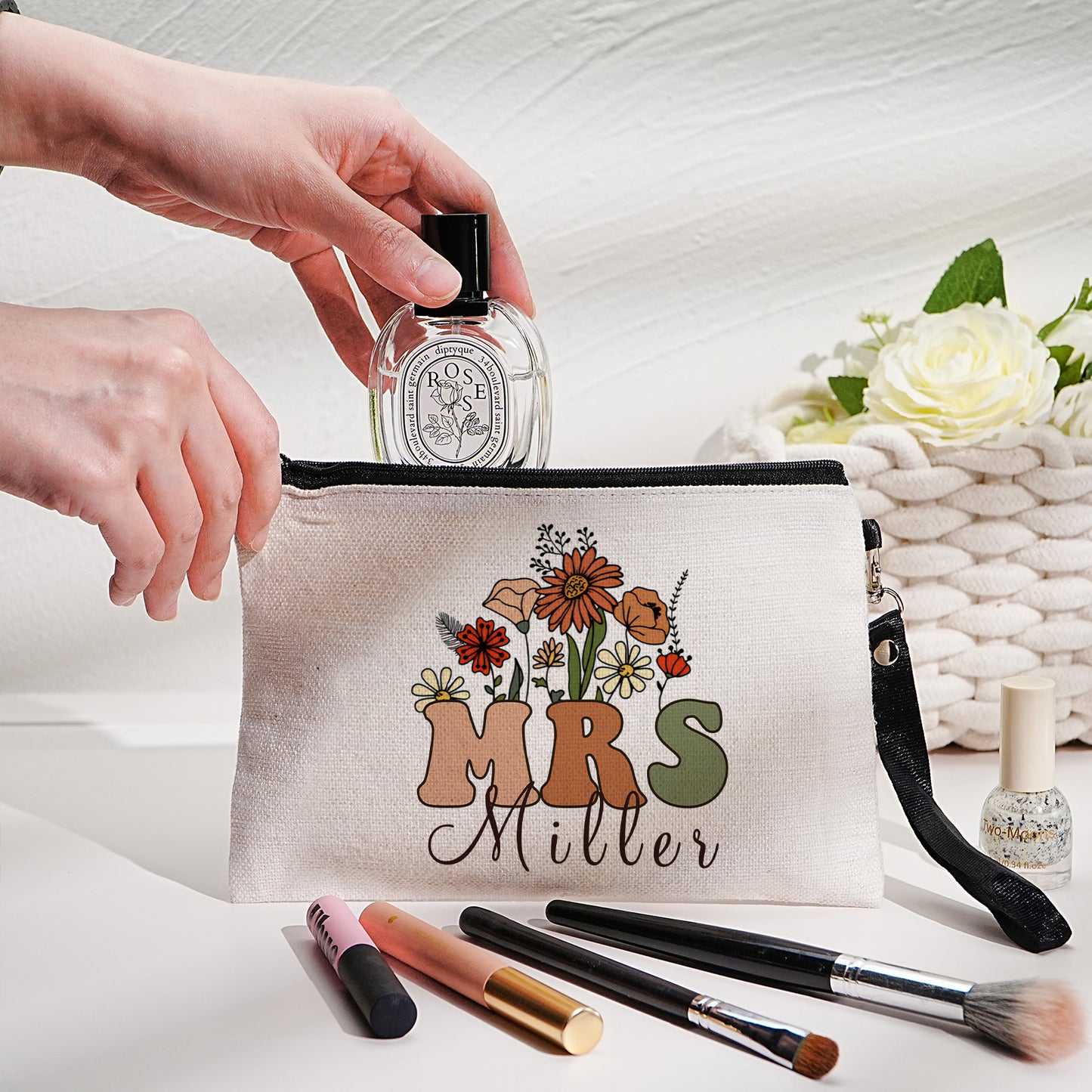 Personalised floral canvas pouch with clear name customisation, presented as teacher appreciation present
