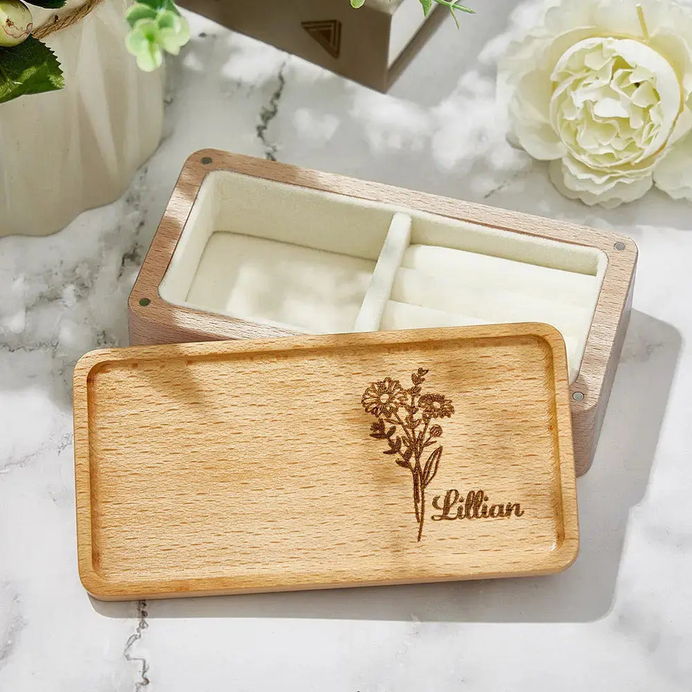 Personalised birth flower jewellery box in natural wood with custom name engraving — compact personalised jewellery organiser and keepsake gift for her