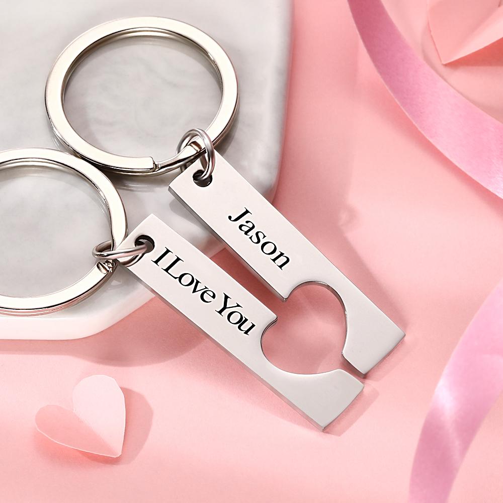 Pair of matching personalised keychains displayed together – compact custom engraved pair for couples, weddings and anniversaries