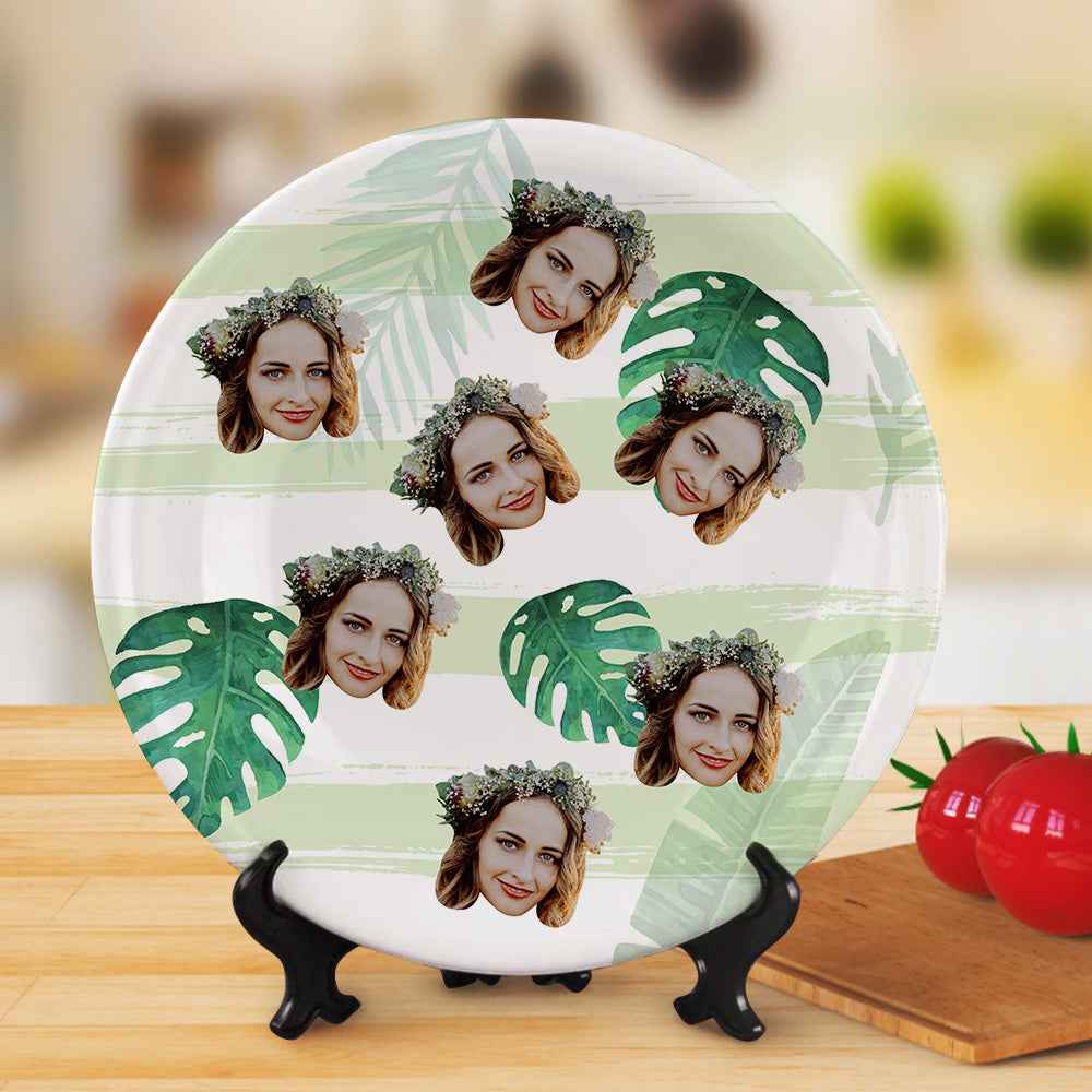 Personalized Green Leaf Dinner Plate Dinnerware Custom Face Ceramics Plates