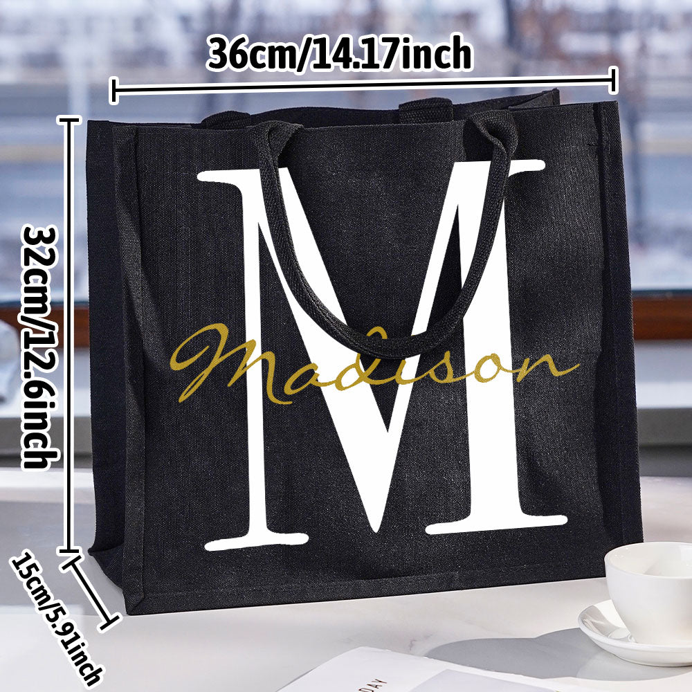 Dimension graphic for personalised black canvas name and initial tote showing 14.17in x 12.6in x 5.9in (36cm x 32cm x 15cm)