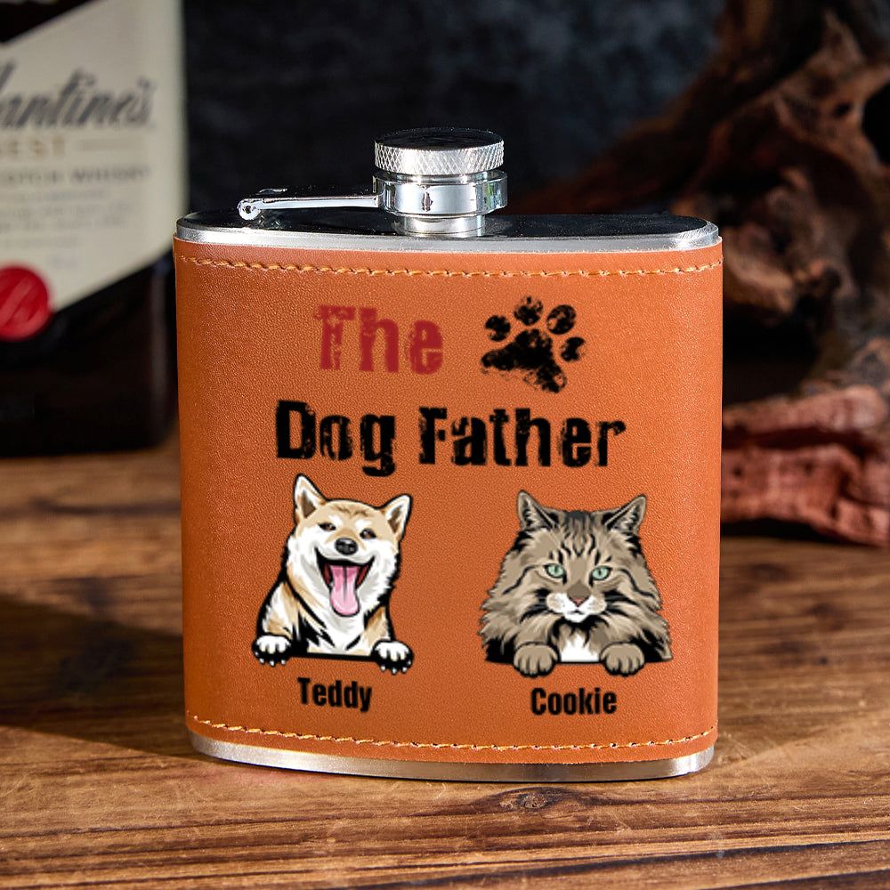 Personalised 6oz stainless steel whisky flask being poured — engraved leather exterior preserves flavour and makes a thoughtful engraved gift