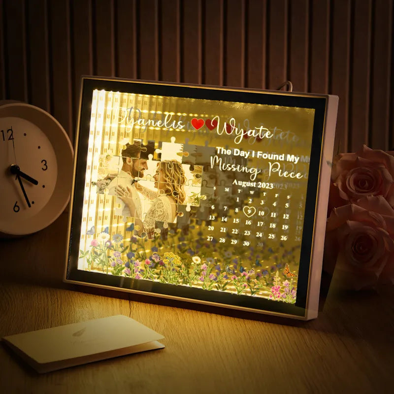 Personalised LED Photo Light Frame styled on a bedside table as romantic home décor with subtle glass and acrylic finish