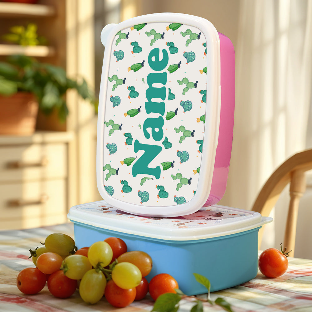 Side view of personalised kids lunch box with secure clips and slim lightweight plastic design that fits into school bags