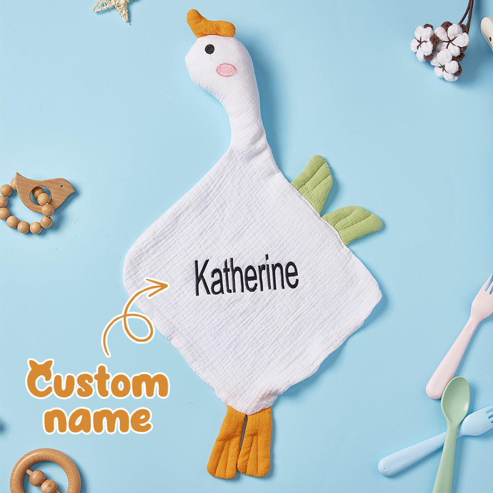 Personalised baby soothing towel flat-lay with embroidered name and soft swan motif — soft cotton personalised swan comforter for newborns