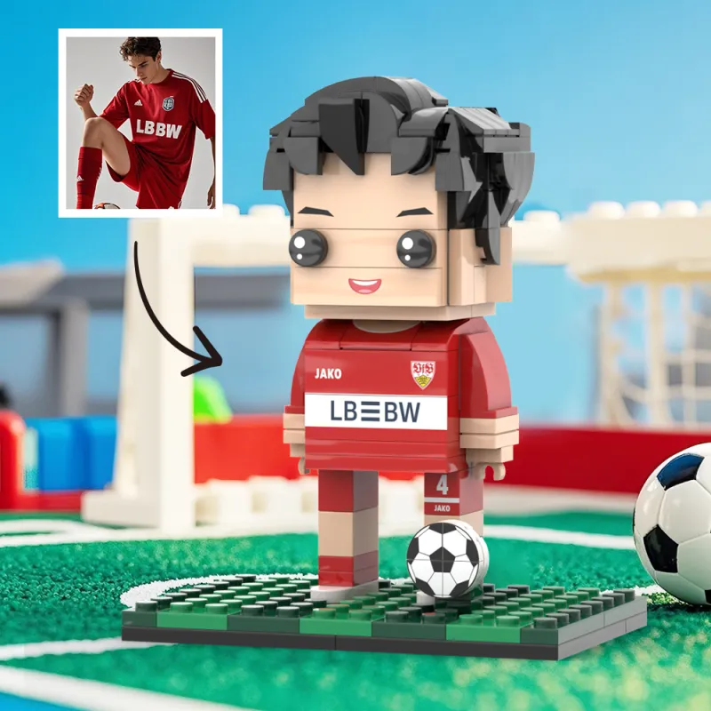 Personalised full-body brick figure of one person in football kit – custom hairstyle, expression and clothing; unique football player gift