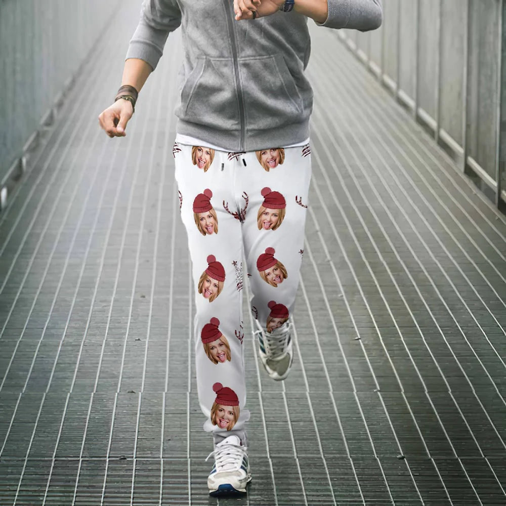 Full flat lay of personalised face joggers in white, lightweight 100% polyester personalised sweatpants ideal as a custom photo gift for her