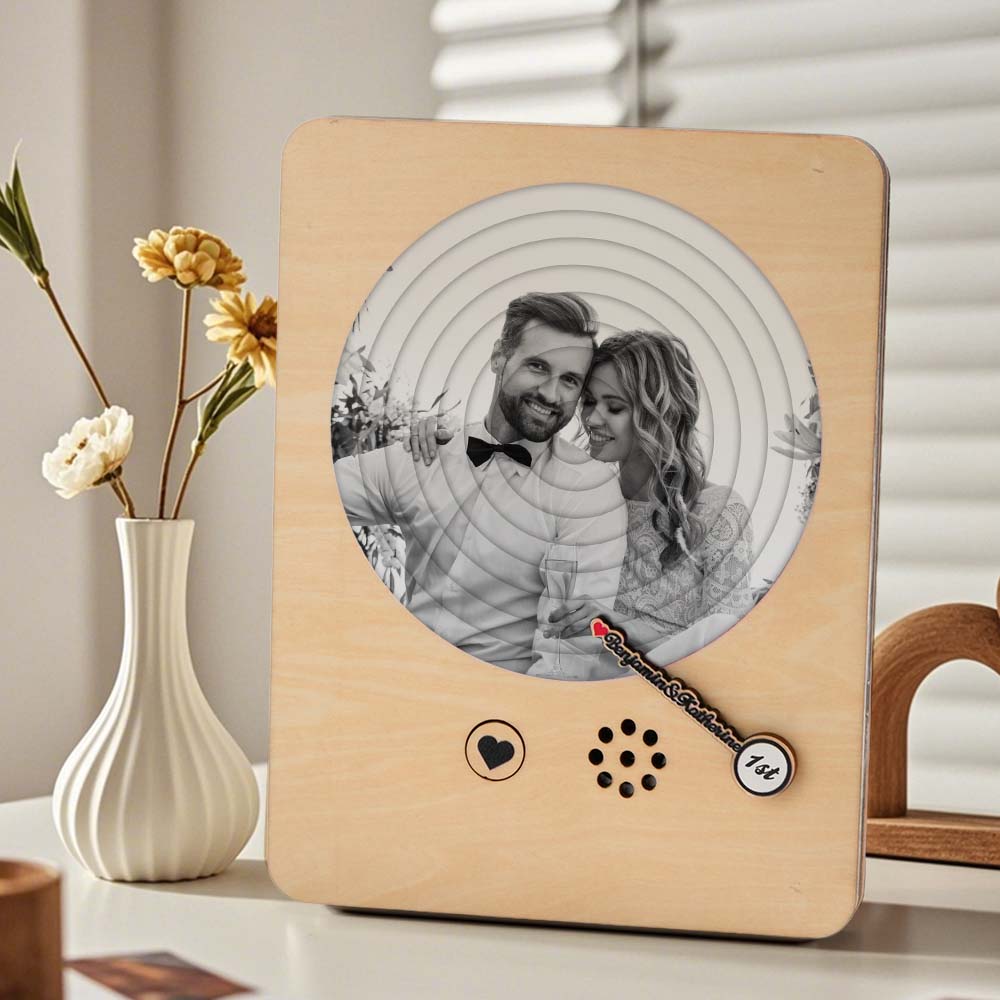 Artisan craftsmanship close-up highlighting handcrafted finish and natural wood grain on personalised wooden record player