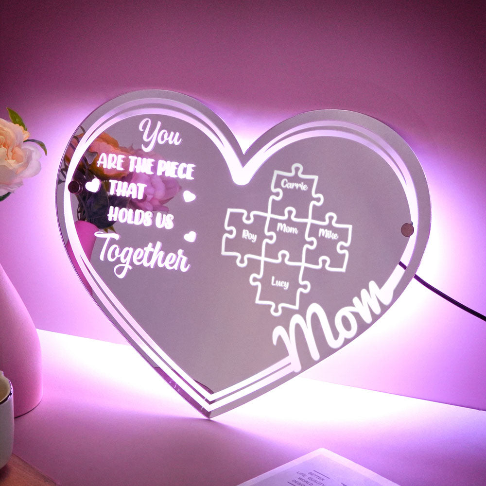 Personalised Mum Mirror Light - You Are The Piece That Holds Us Together Puzzle Sign