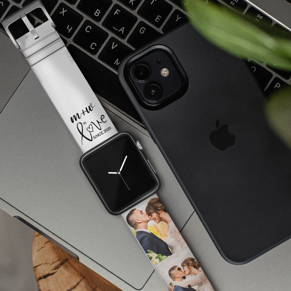 Apple Watch band with easy-fit connector for quick installation; silicone strap featuring a photo collage design.