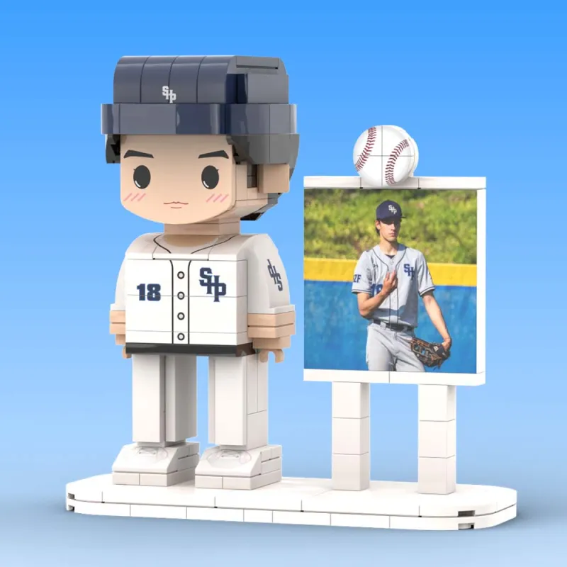 Close-up of customised brick figure face and cap (baseball theme) — high-resolution photo-based personalisation on eco-friendly ABS