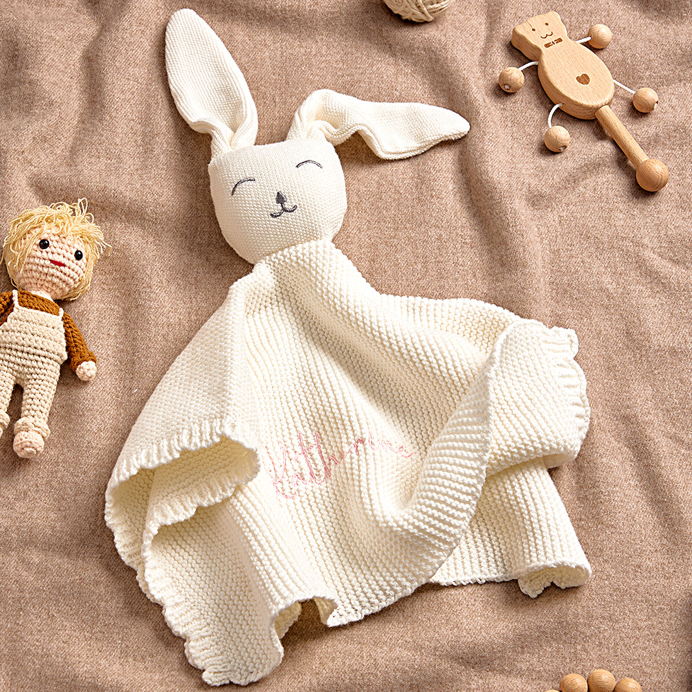Hero image: personalised Soft Bunny baby towel in premium cotton, embroidered name on a 40cm x 40cm square for newborns.