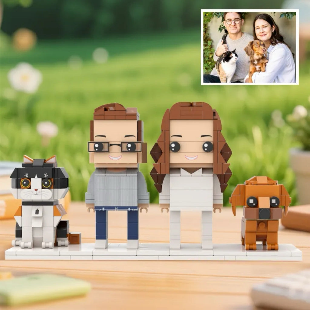Personalised full-body brick figures of two people with a dog and a cat – custom brick-style figures for an anniversary or birthday, ABS eco-friendly keepsake