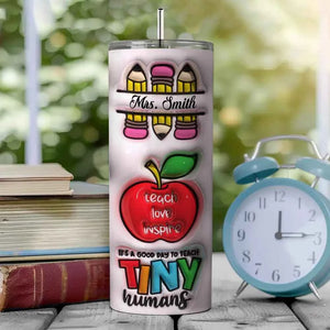 Personalized 3D Inflated Effect Apple Pencil Rainbow Design 20oz Skinny Tumbler Lid and Straw Back to School Gift for Teacher
