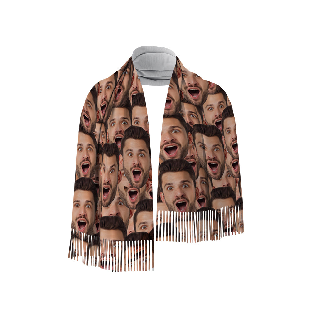 Personalised face scarf in faux cashmere with fringed tassels, draped to display a high-definition custom photo print, cosy stylish scarf gift for women