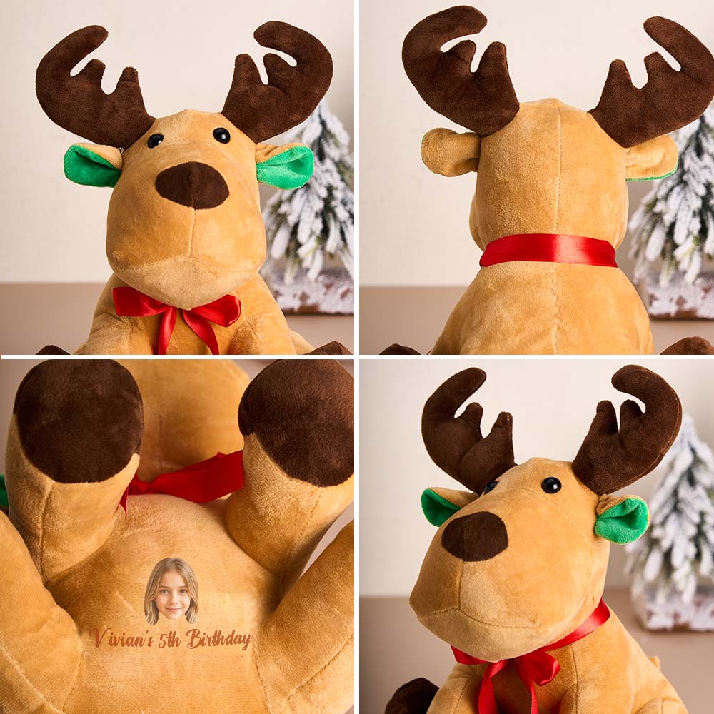 Personalised moose plush showing example custom text on belly – personalised stuffed animal ideal as a name keepsake for boys and girls