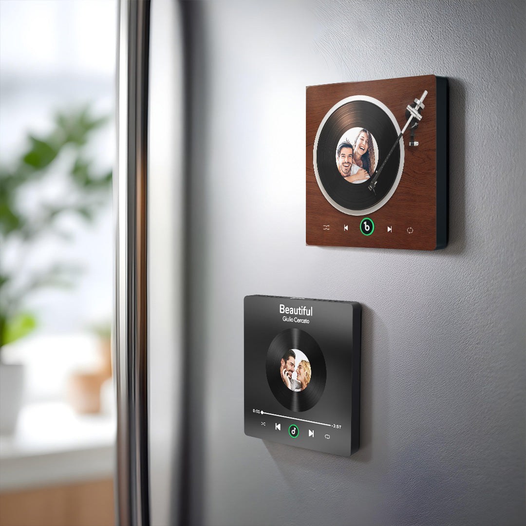 Personalised FridgeBeats 4.0 showing vinyl‑style design and glossy acrylic finish — ideal Valentine’s gift