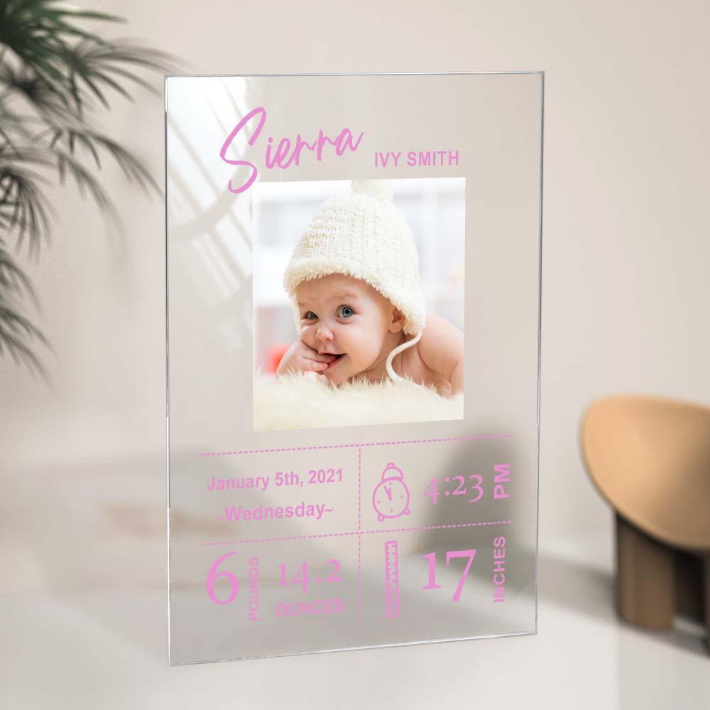 Personalised newborn photo plaque displayed in a nursery - engraved name and date, ideal christening or new baby gift