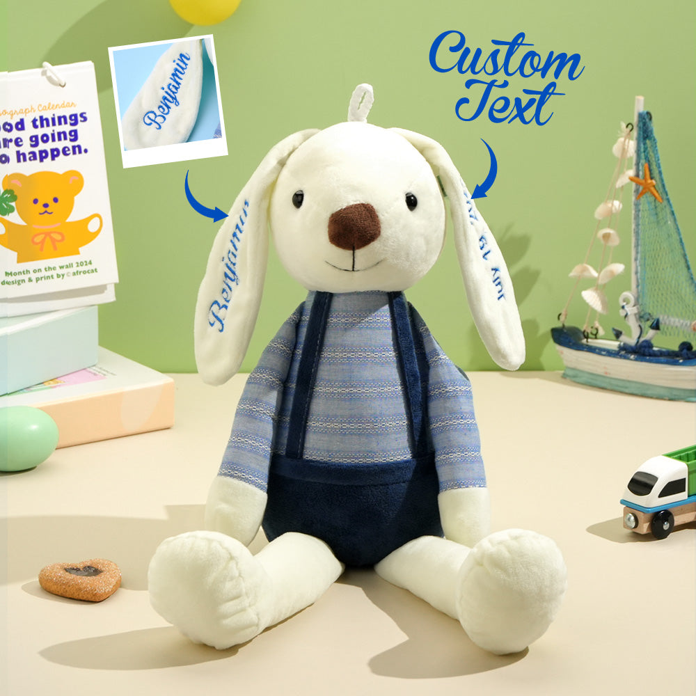 Personalised Bunny Plush Toy front view with embroidered name on ear, soft plush and PP cotton cuddle toy – custom rabbit gift for babies and kids