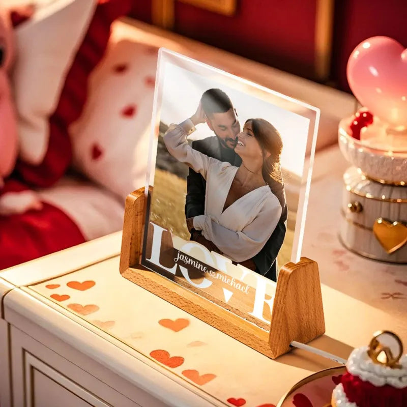 Romantic ambient scene featuring a personalised photo night light in a bedroom setting, engraved keepsake creating soft, flicker‑free LED mood lighting