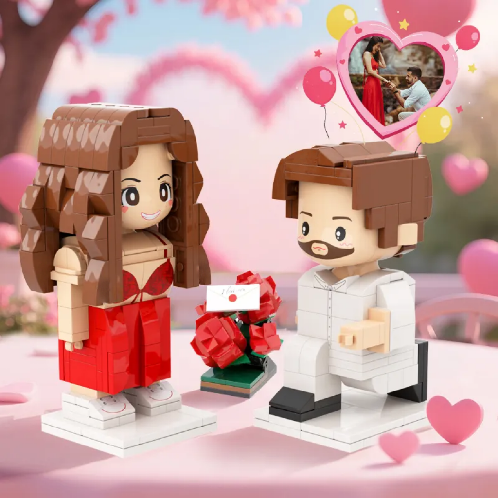 Personalised full-body brick figure couple in kneeling proposal pose — custom engagement keepsake, hand-designed miniatures