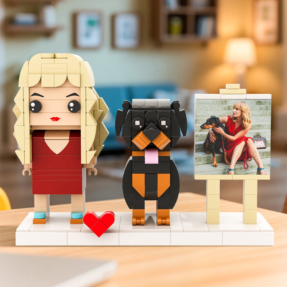 Framed personalised full-body brick figure of one person with dog, handcrafted from eco‑friendly ABS — perfect custom brick figure with frame for anniversary or birthday