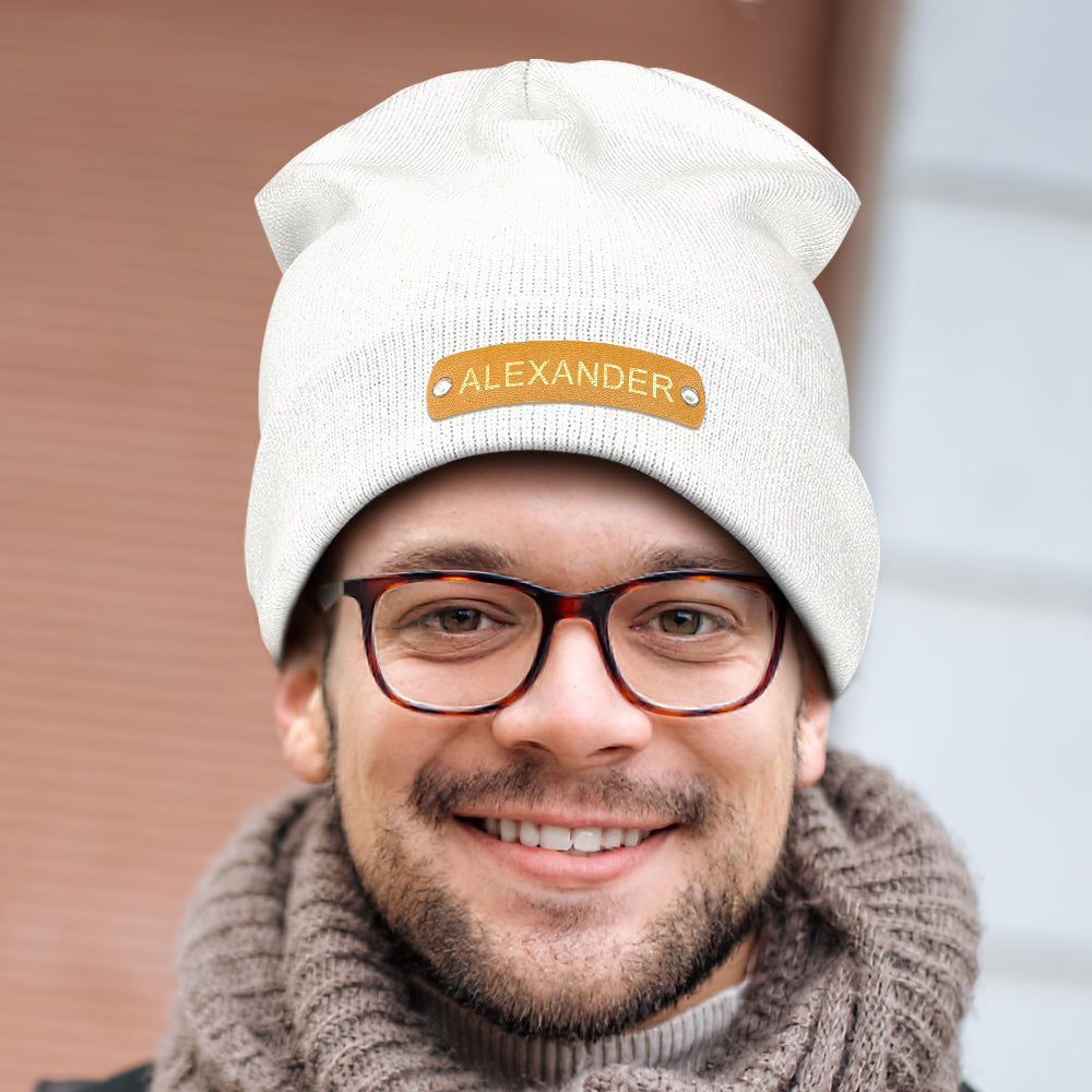 Selection of personalised leather patch beanies in multiple colours, custom name winter hats perfect for men women and teens