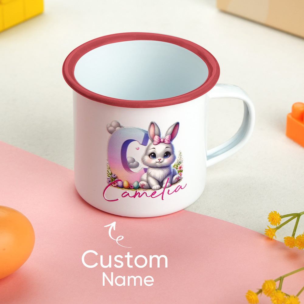 Detail of high-fired enamel rim on personalised bunny mug — fade-resistant finish and smooth edges for child safety