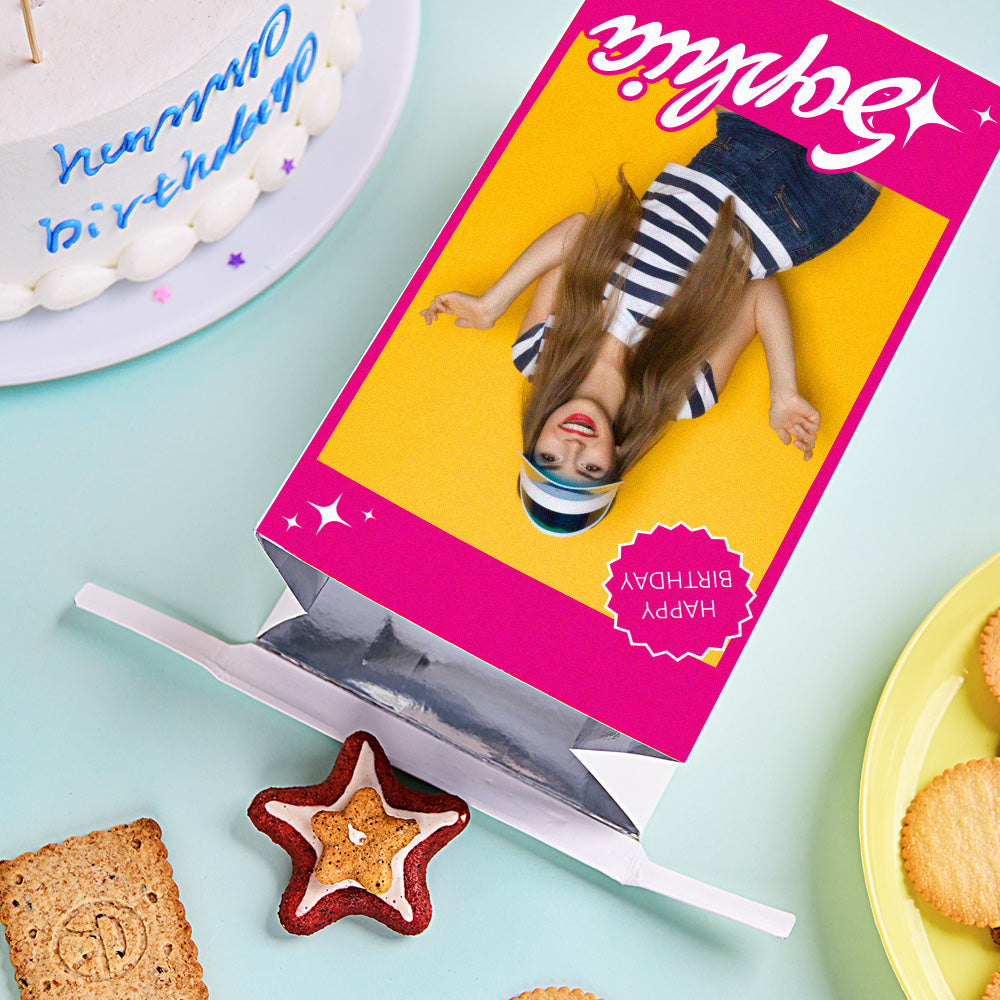 Close-up of photo window and high-resolution name print on girls personalised treat bag – premium customised party favour