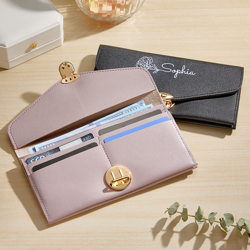 Detailed shot of custom name typography on printed birth flower PU leather wallet – unique personalised keepsake
