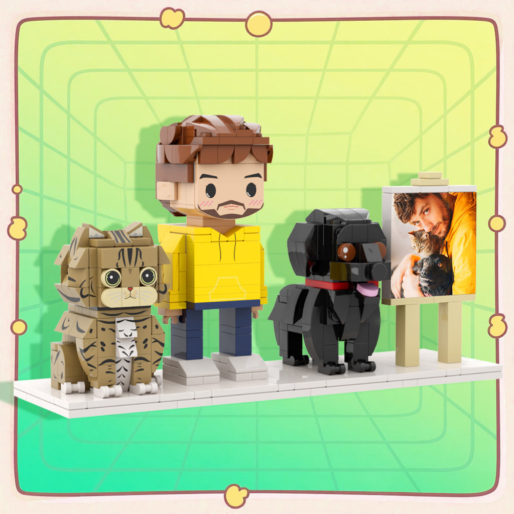 Personalised full‑body brick figure of one person with cat in display frame — custom anniversary and birthday gift, handcrafted eco‑friendly ABS