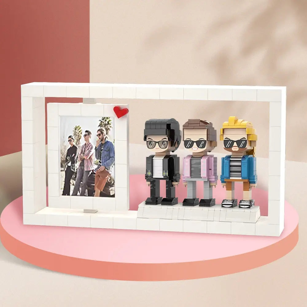Customisable full-body 3-person brick figures photo frame — personalised ABS block mini-figures on a desk display, ideal wedding, graduation or birthday gift