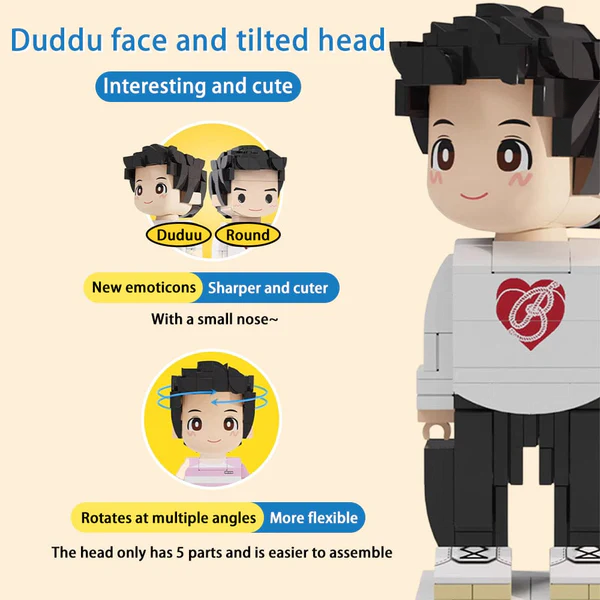 Close‑up of personalised Duddu brick figure face and hairstyle in Light Nougat — captures facial expression and conventional accessories, eco‑friendly ABS construction