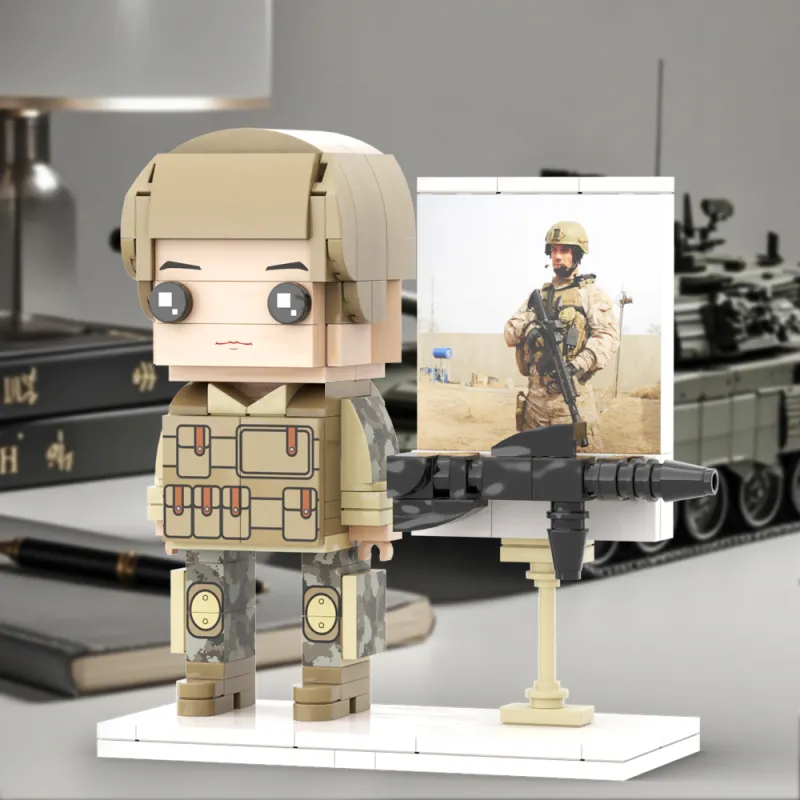 Custom full-body brick figure (one-person) in soldier theme — personalised photo-to-figure keepsake with Light Nougat skin tone, ideal personalised gift