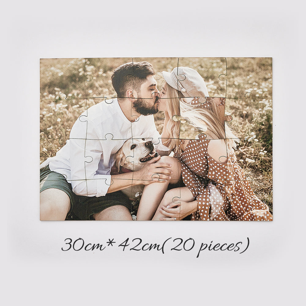 Close‑up of personalised wooden jigsaw pieces showing smooth tactile finish and precise interlocking cuts on eco‑friendly wood — a high‑quality custom photo puzzle.