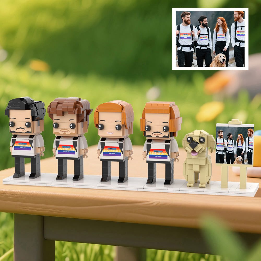 Personalised full‑body brick‑style family portrait of four people plus a dog in a stylish frame — custom anniversary and birthday gift handcrafted from eco‑friendly ABS
