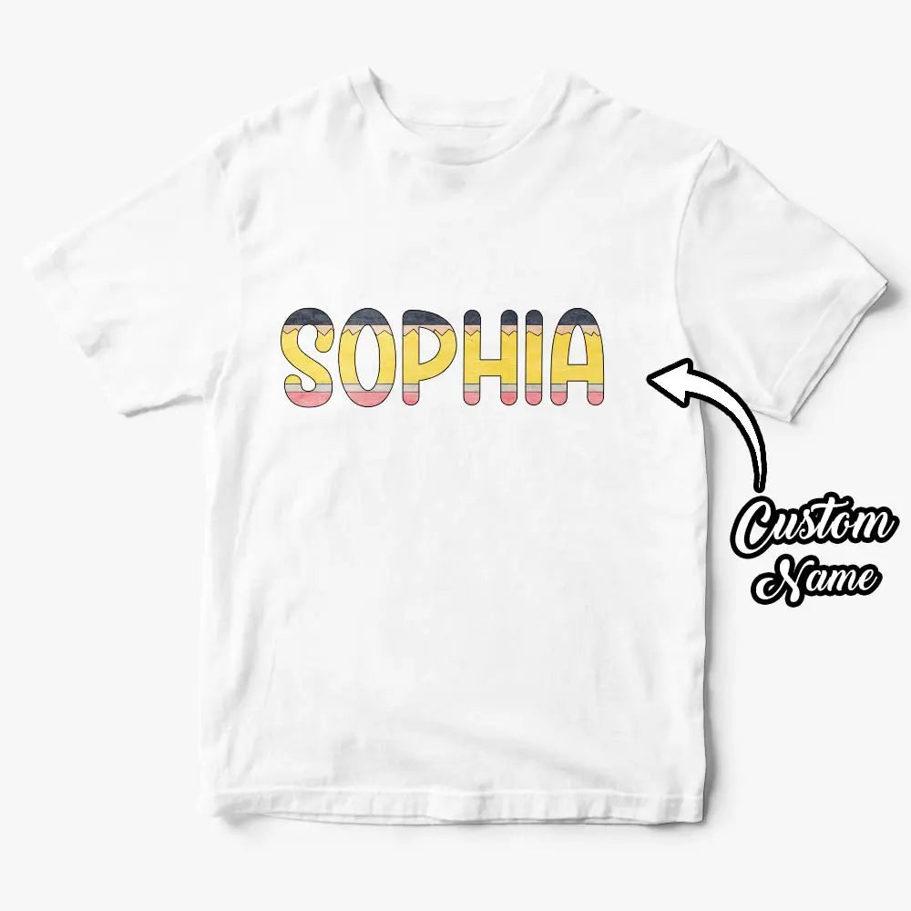 Young boy wearing personalised school T‑shirt with pencil design — ideal personalised name gift