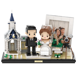 Full-body Custom Wedding Gift for 2 People Cute Brick Figures with Photo Frame and Church Valentines Gift