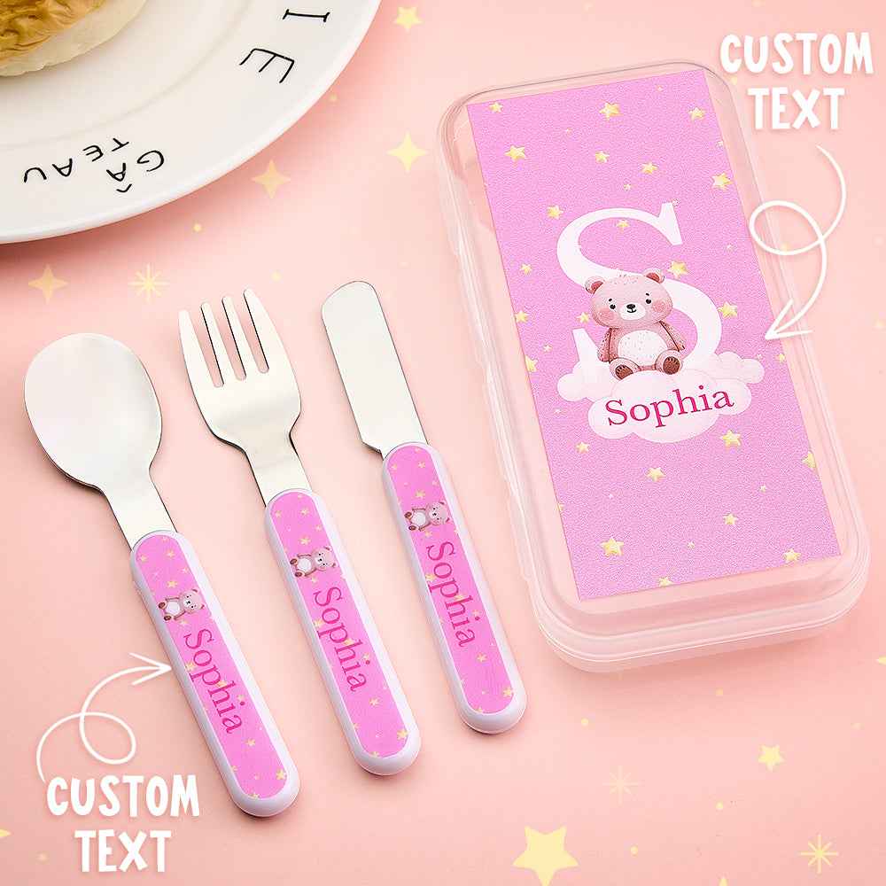 Personalized Kid’s Cutlery Set Cartoon Animal Fork Spoon Knife 3 Pcs Birthday Gift for Kids