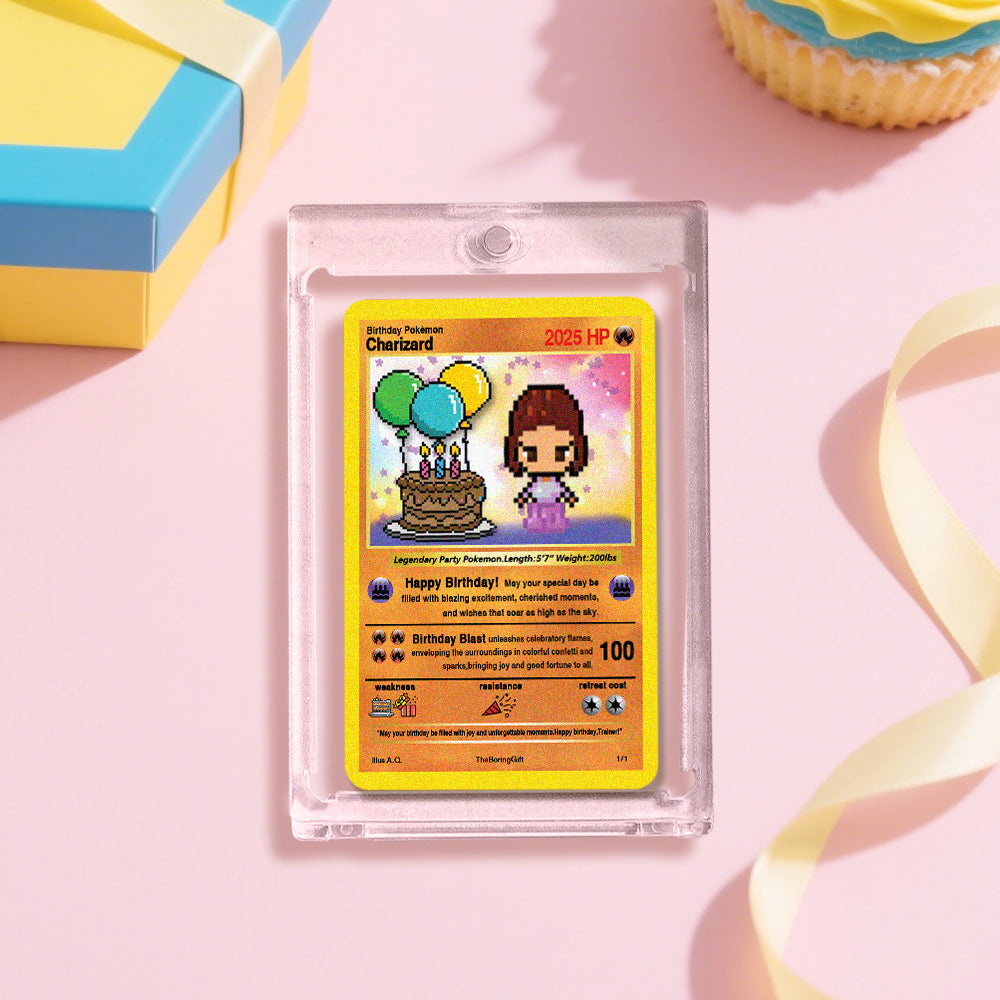 Close-up of personalised poke card front with engraved name and colourful birthday-themed illustration — perfect birthday keepsake