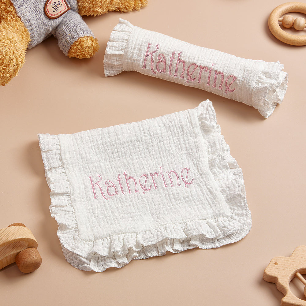 Personalised baby muslin towel with embroidered name on soft 100% cotton muslin, breathable and baby-safe.