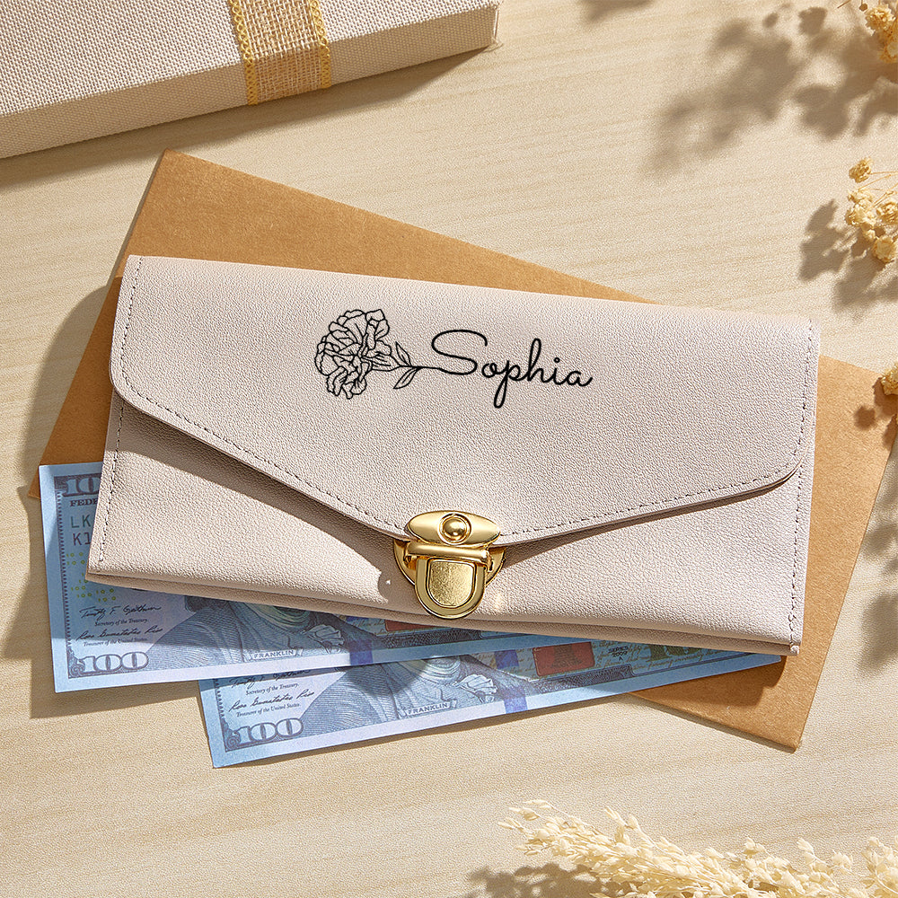 Close-up of printed floral detail and edge stitching on personalised birth flower wallet – quality finish